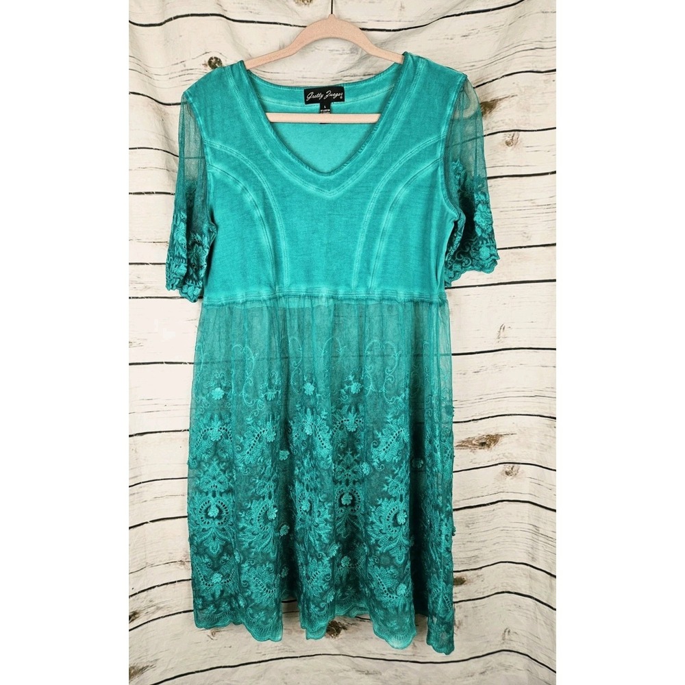 Gretty Zueger Green Embroidered Lace Tunic Top L Cotton Blend Womens Lagenlook